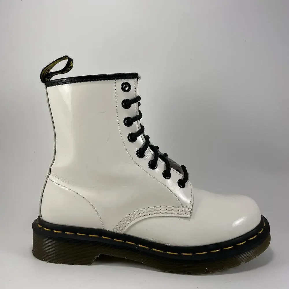 Dr Martens Doc 1460 W Combat Boots Womens Size 6 White Patent Leather Lace Up